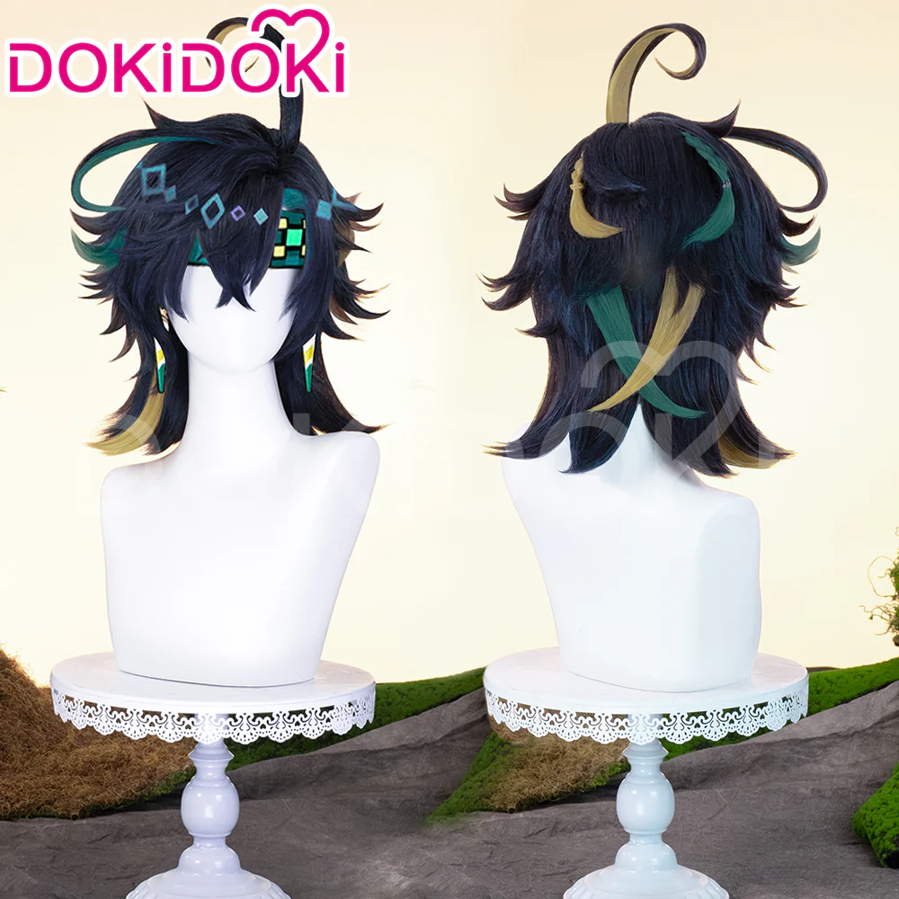 【Ready For Ship】DokiDoki Game Genshin Impact Cosplay Kinich Wig Short Black Green / Yellow Highlights Hair / Tattoo Sticker / Ear Clip / Head Accessories / Weft Natlan - Image 2