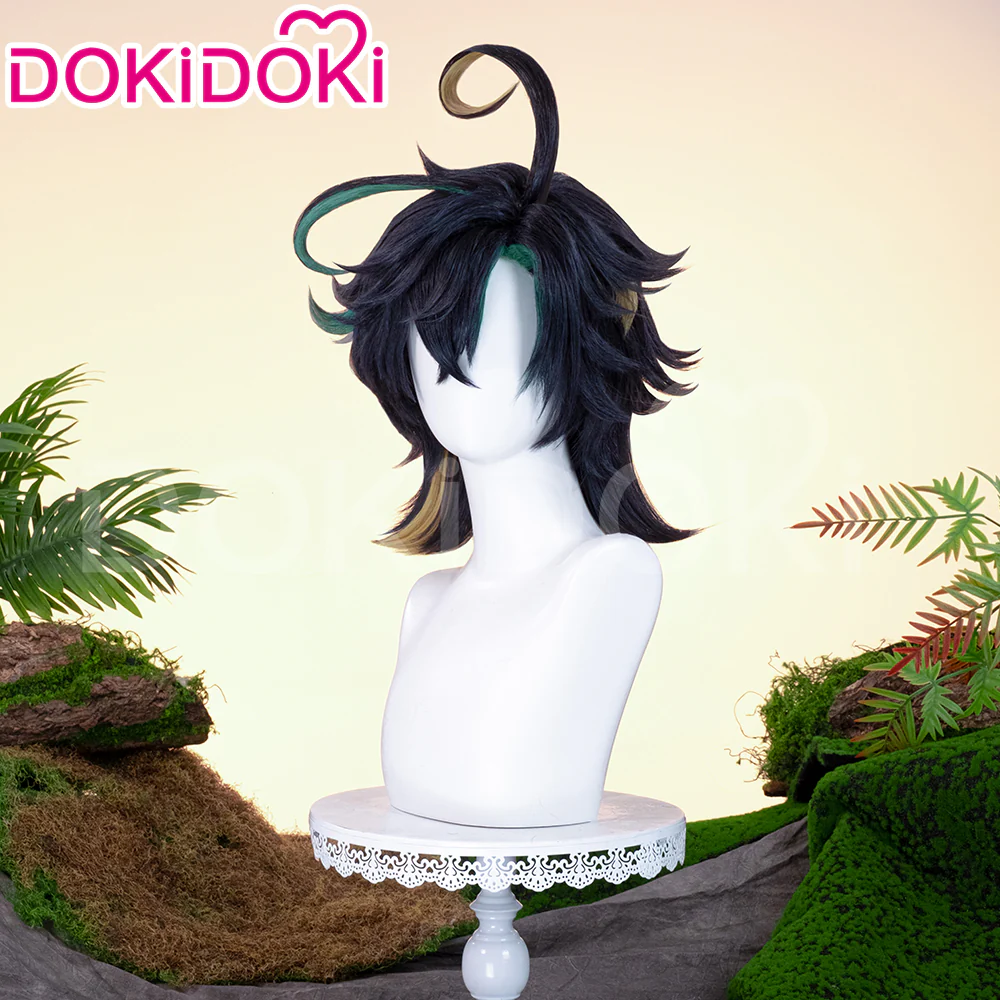 【Ready For Ship】DokiDoki Game Genshin Impact Cosplay Kinich Wig Short Black Green / Yellow Highlights Hair / Tattoo Sticker / Ear Clip / Head Accessories / Weft Natlan - Image 3