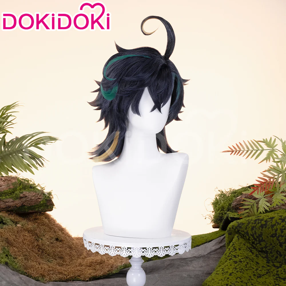 【Ready For Ship】DokiDoki Game Genshin Impact Cosplay Kinich Wig Short Black Green / Yellow Highlights Hair / Tattoo Sticker / Ear Clip / Head Accessories / Weft Natlan - Image 4