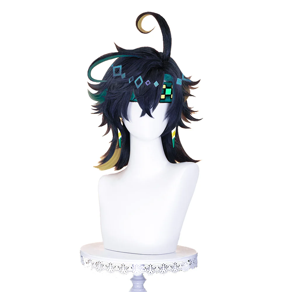 【Ready For Ship】DokiDoki Game Genshin Impact Cosplay Kinich Wig Short Black Green / Yellow Highlights Hair / Tattoo Sticker / Ear Clip / Head Accessories / Weft Natlan - Image 6