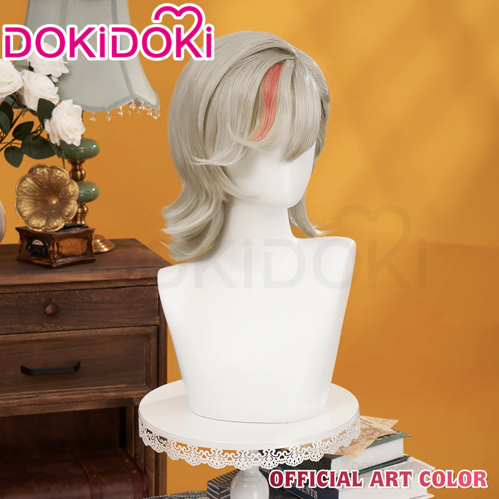 DokiDoki Game Genshin Impact Cosplay Fontaine Lyney Wig Short Silver Red Highlight/ Wefts/ Tattoo Sticker - Image 3