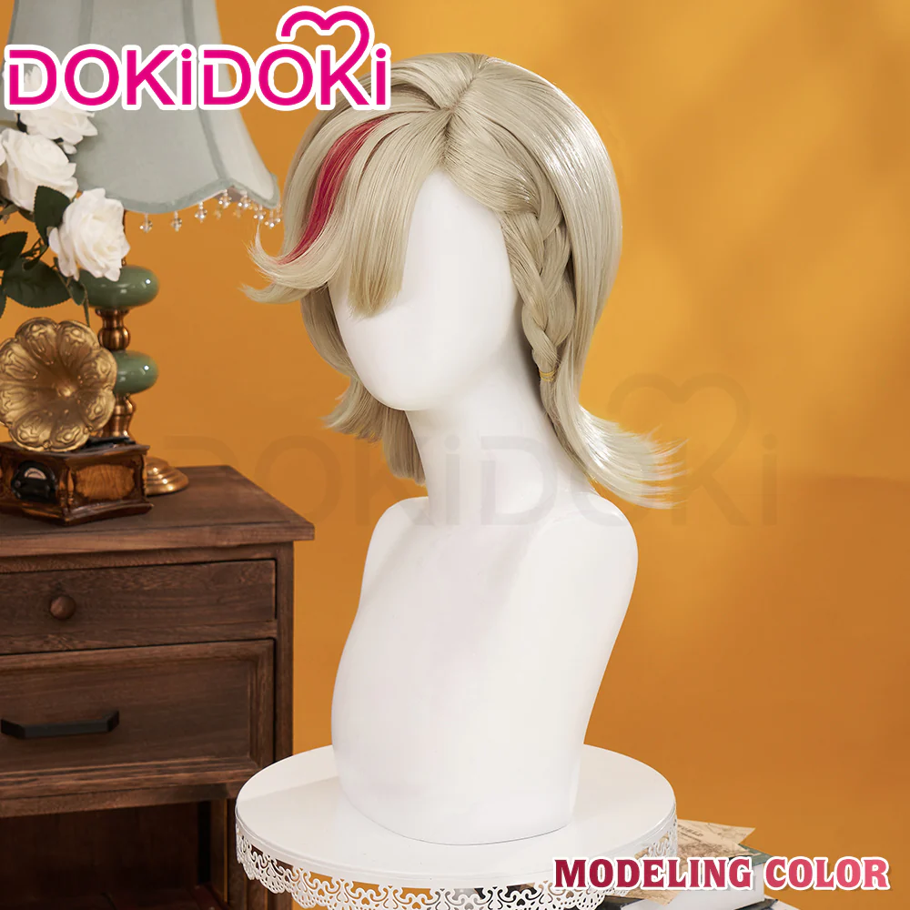 DokiDoki Game Genshin Impact Cosplay Fontaine Lyney Wig Short Silver Red Highlight/ Wefts/ Tattoo Sticker - Image 7