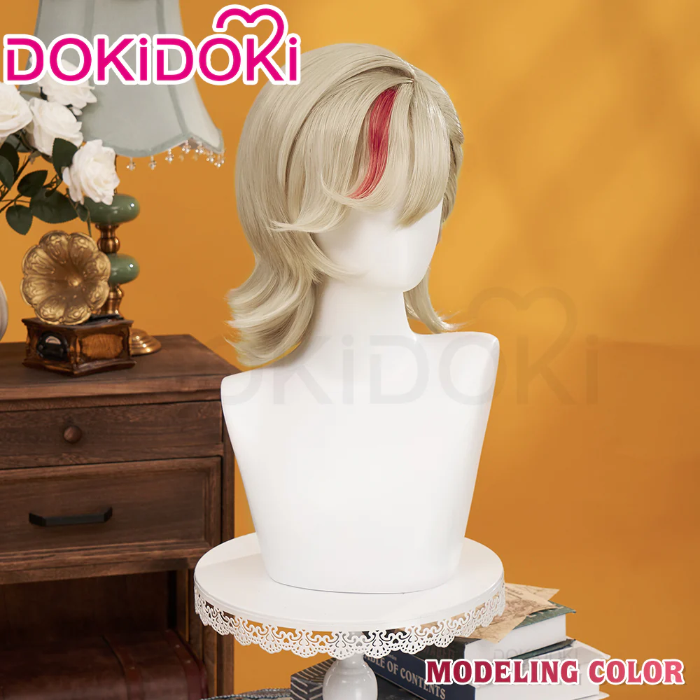 DokiDoki Game Genshin Impact Cosplay Fontaine Lyney Wig Short Silver Red Highlight/ Wefts/ Tattoo Sticker - Image 8