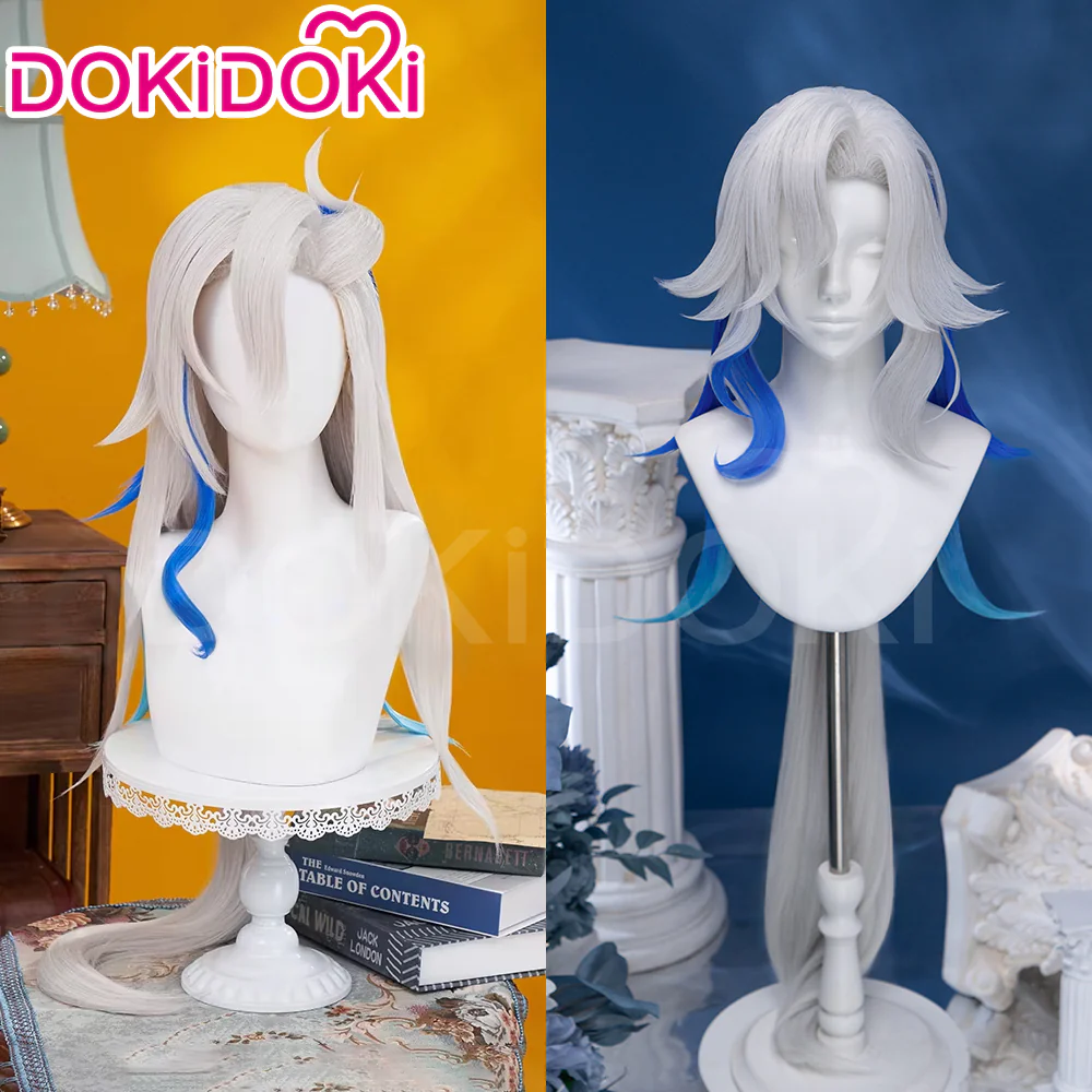 【Partially Ready For Ship】DokiDoki Game Genshin Impact Cosplay Fontaine Neuvillette Wig Long Grey Blue Highlight / Lightstrip / Wefts Melusent Gift