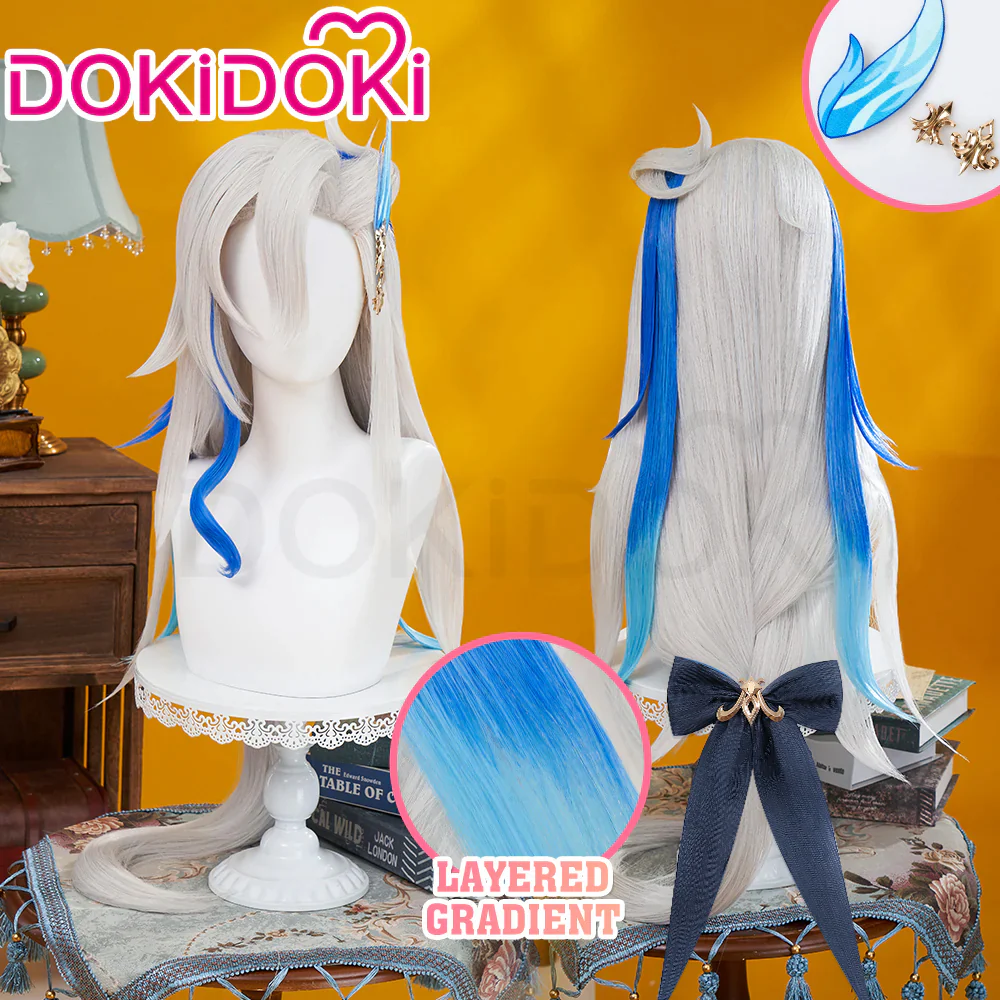 【Partially Ready For Ship】DokiDoki Game Genshin Impact Cosplay Fontaine Neuvillette Wig Long Grey Blue Highlight / Lightstrip / Wefts Melusent Gift - Image 2