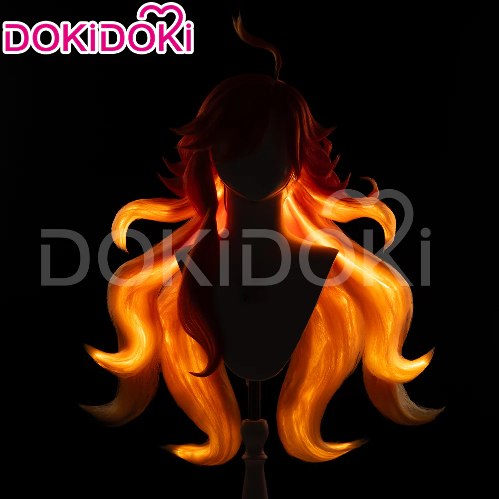 DokiDoki Game Genshin Impact Cosplay Pyro Archon Mavuika Wig / Light Strips/ Wefts / Earclip / Glasses Natlan Long Curly Orange - Image 3