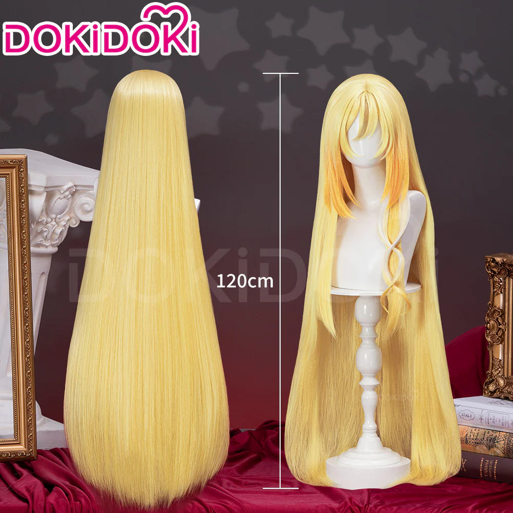 【Ready For Ship】【120CM】DokiDoki Game Genshin Impact Cosplay Rhinedottir Wig Gold “ R ” Long Straight Blond Hair Song of the Welkin Moon