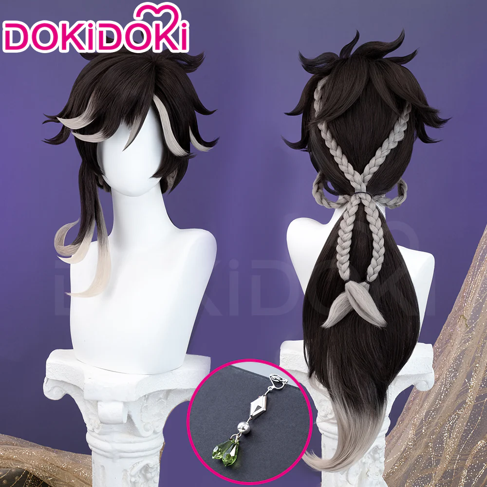 【Ready For Ship】DokiDoki Game Genshin Impact Cosplay Sethos Wig Long Straight Black Grey Hair/ Ear Clip