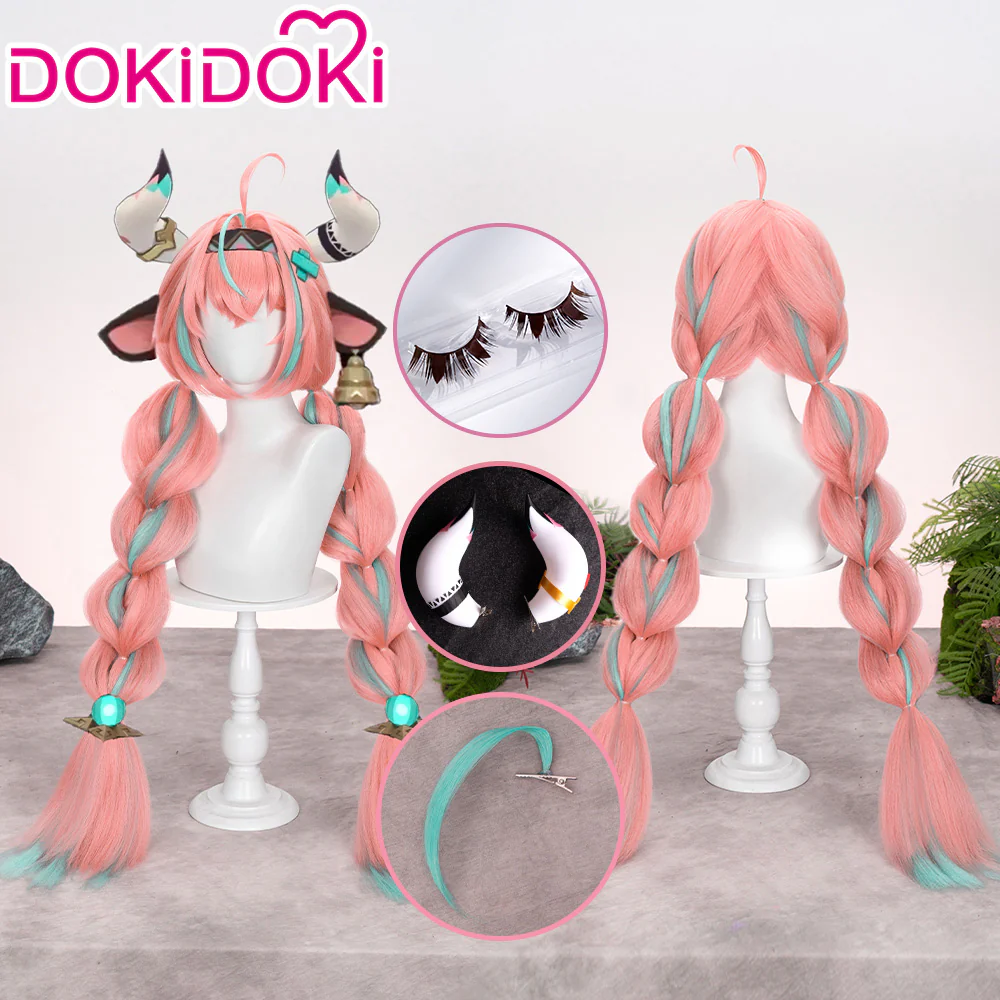 【Ready For Ship】DokiDoki Game Genshin Impact Cosplay Varesa Wig / Horn / Eyelashes Long Pink Green Highlights Hair Removable Ahoge