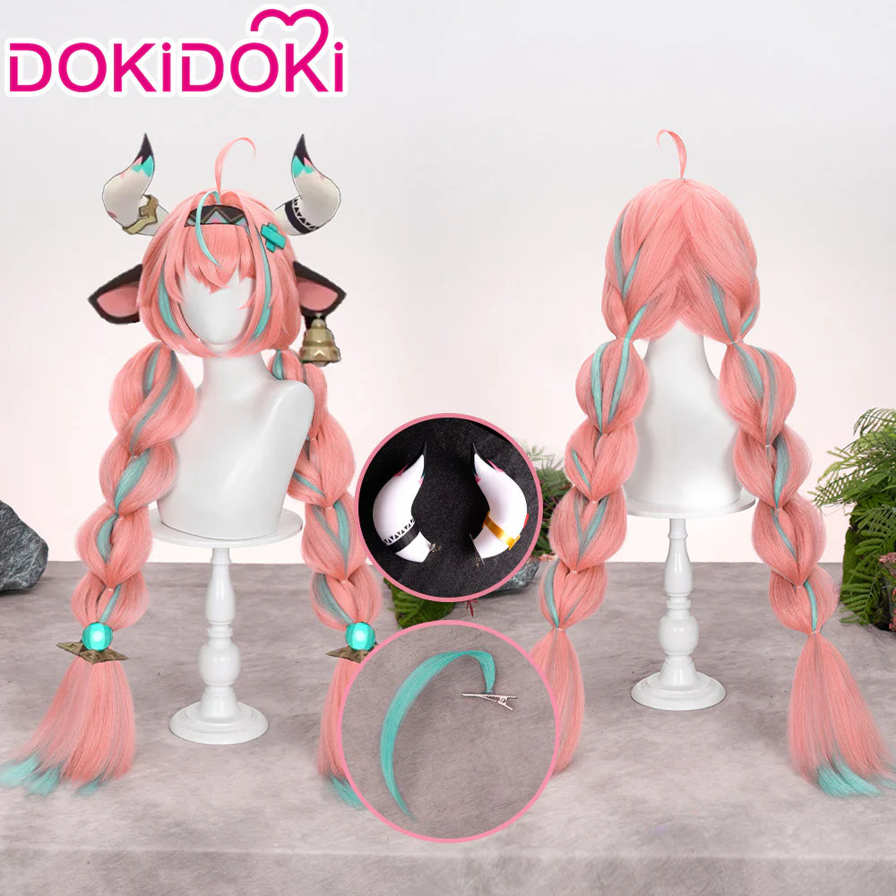 【Ready For Ship】DokiDoki Game Genshin Impact Cosplay Varesa Wig / Horn / Eyelashes Long Pink Green Highlights Hair Removable Ahoge - Image 2