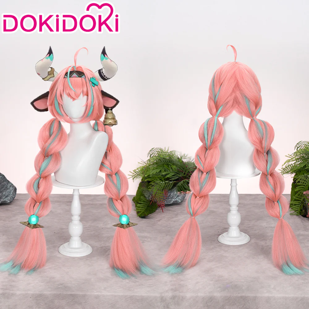【Ready For Ship】DokiDoki Game Genshin Impact Cosplay Varesa Wig / Horn / Eyelashes Long Pink Green Highlights Hair Removable Ahoge - Image 3