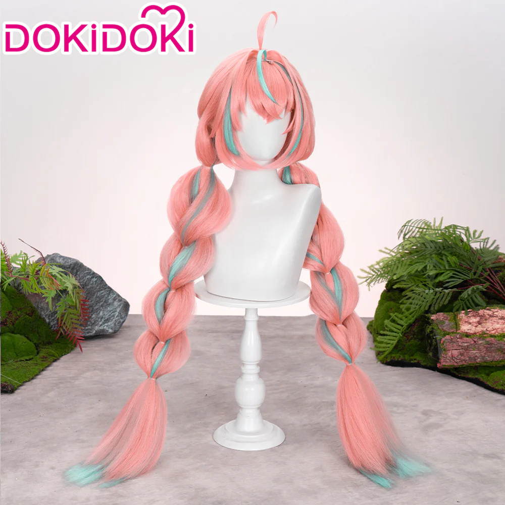 【Ready For Ship】DokiDoki Game Genshin Impact Cosplay Varesa Wig / Horn / Eyelashes Long Pink Green Highlights Hair Removable Ahoge - Image 4