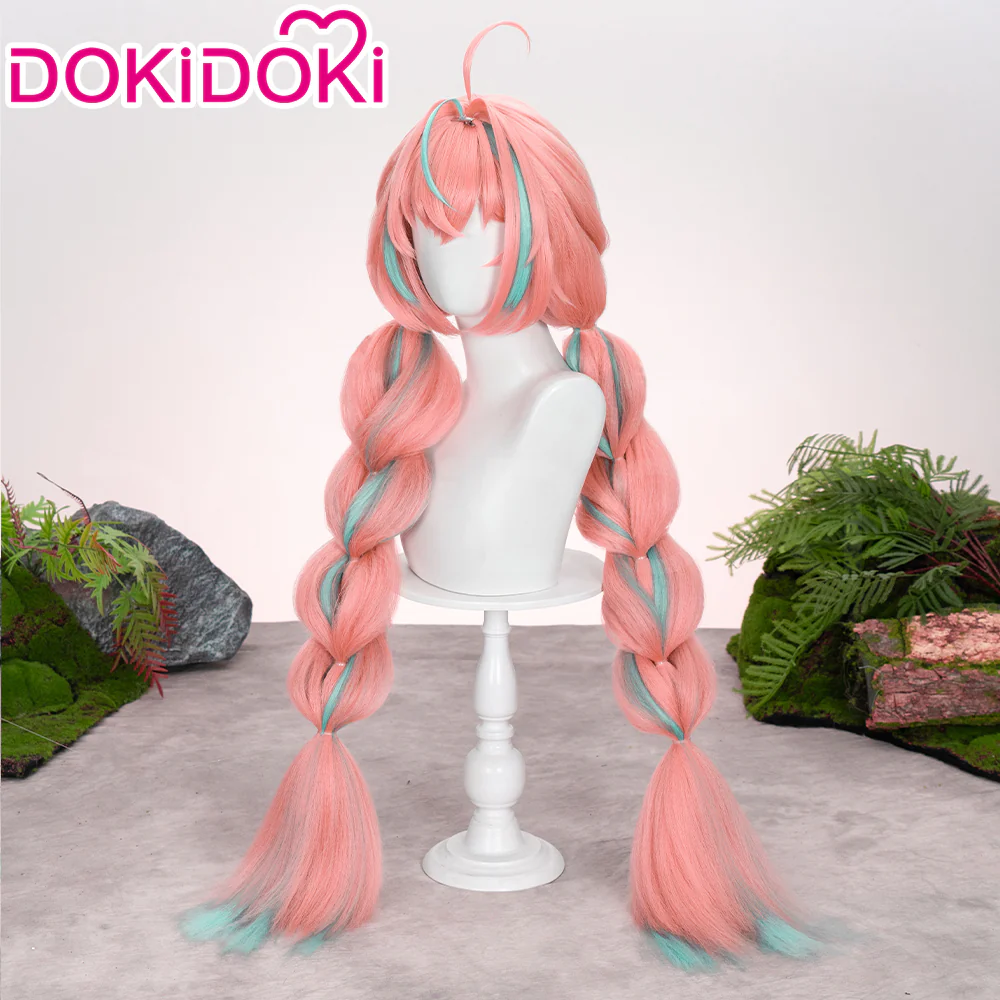 【Ready For Ship】DokiDoki Game Genshin Impact Cosplay Varesa Wig / Horn / Eyelashes Long Pink Green Highlights Hair Removable Ahoge - Image 5