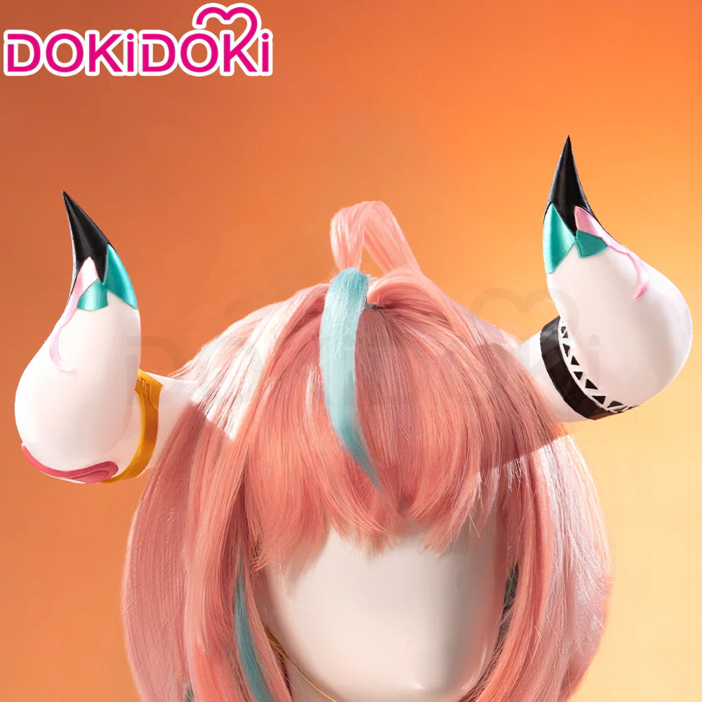 【Ready For Ship】DokiDoki Game Genshin Impact Cosplay Varesa Wig / Horn / Eyelashes Long Pink Green Highlights Hair Removable Ahoge - Image 8