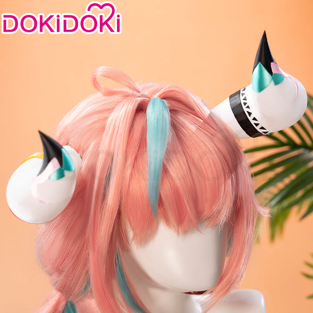 【Ready For Ship】DokiDoki Game Genshin Impact Cosplay Varesa Wig / Horn / Eyelashes Long Pink Green Highlights Hair Removable Ahoge - Image 9