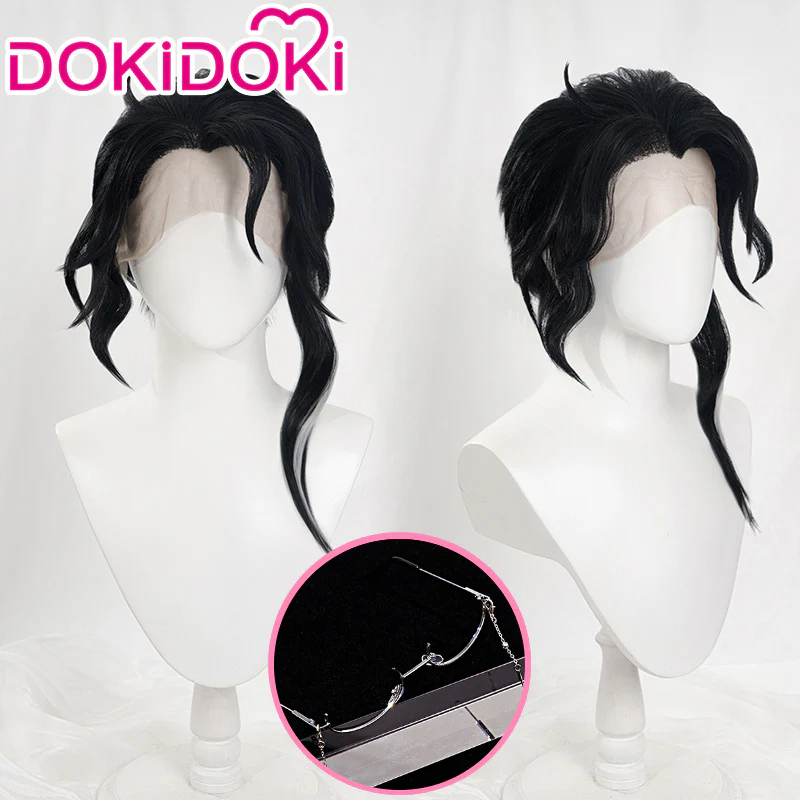 【Ready For Ship】DokiDoki Game Genshin Impact Cosplay Wig Cosplay  Pantalone Wig Front Lace Curly Black/ Glasses
