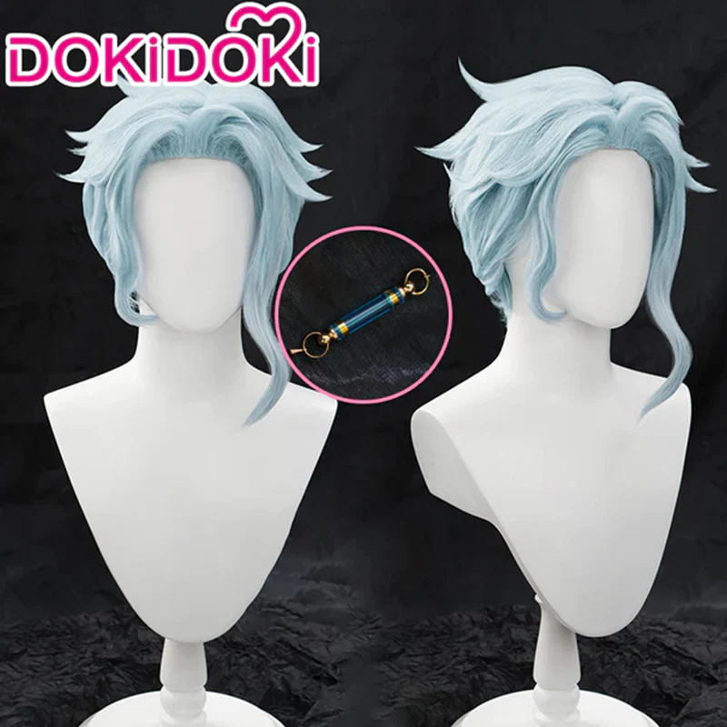 【Ready For Ship】DokiDoki Game Genshin Impact Fatui Harbinger Cosplay Il Dottore Wig / Earrings Short Curly Blue