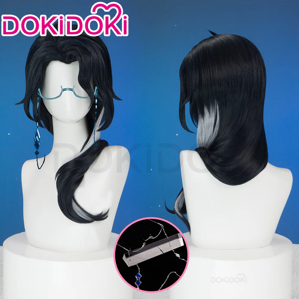 DokiDoki Game Genshin Impact Fatui Harbinger Cosplay Wig Pierr Pantalone Short Curly Black Wig/Glasses