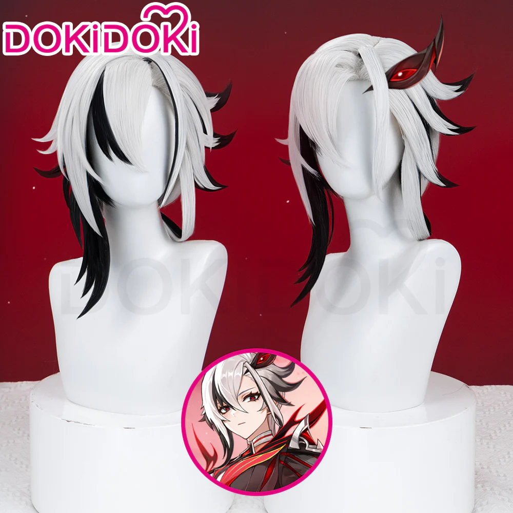 【Partially Ready For Ship】DokiDoki Game Genshin Impact Fontaine  Fatui Harbinger Cosplay The Knave Arlecchino Wig Long Straight White Red Gradient Hair / Ear Clip / Wefts / Childhood Ver. / Youth Ver. / Boss Ver. - Image 19