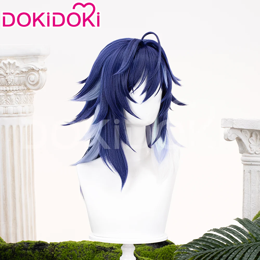 【Ready For Ship】DokiDoki Game Genshin Impact Ororon Cosplay Wig / Tattoo Sticker / Ears Long Straight Navy Blue Light Blue Highlights Hair Natlan - Image 2
