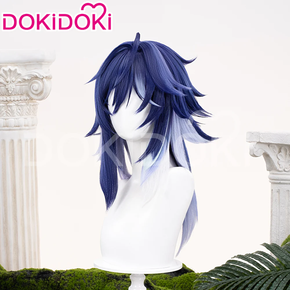 【Ready For Ship】DokiDoki Game Genshin Impact Ororon Cosplay Wig / Tattoo Sticker / Ears Long Straight Navy Blue Light Blue Highlights Hair Natlan - Image 3