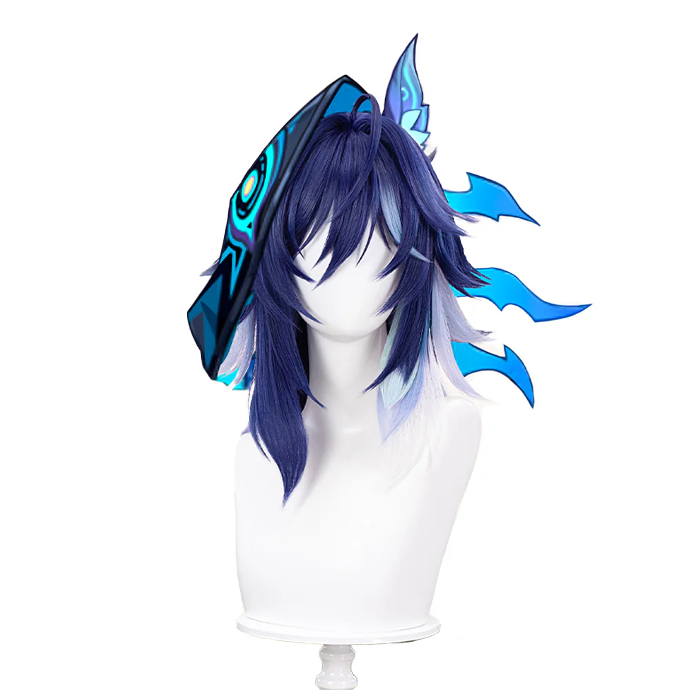 【Ready For Ship】DokiDoki Game Genshin Impact Ororon Cosplay Wig / Tattoo Sticker / Ears Long Straight Navy Blue Light Blue Highlights Hair Natlan - Image 5