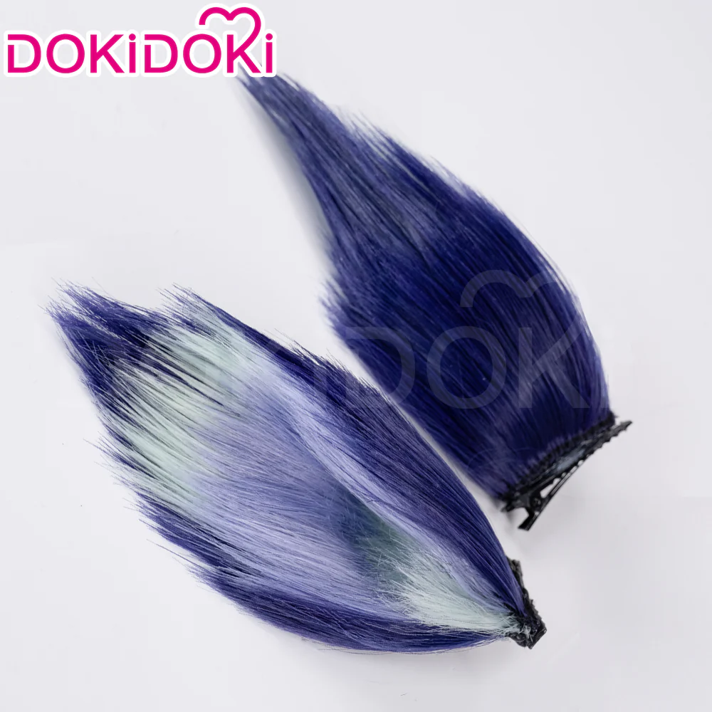 【Ready For Ship】DokiDoki Game Genshin Impact Ororon Cosplay Wig / Tattoo Sticker / Ears Long Straight Navy Blue Light Blue Highlights Hair Natlan - Image 8