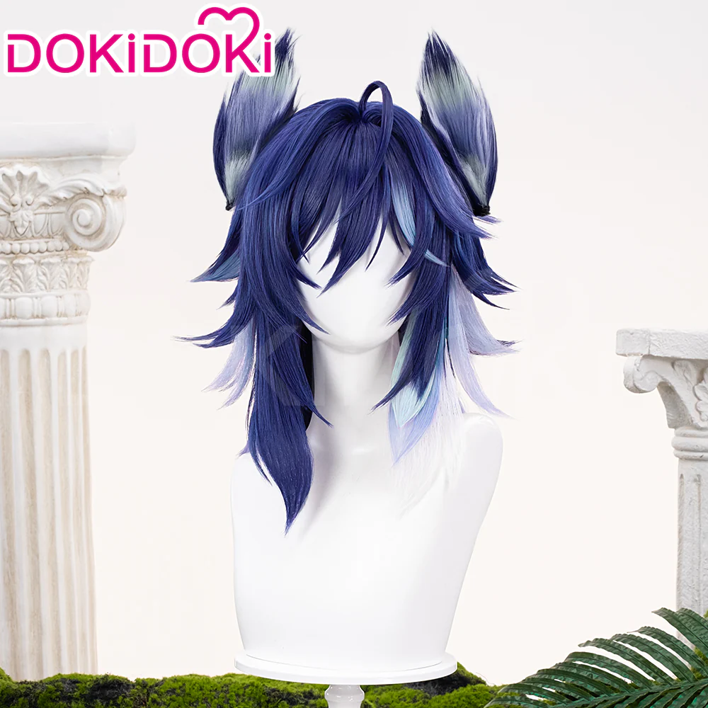 【Ready For Ship】DokiDoki Game Genshin Impact Ororon Cosplay Wig / Tattoo Sticker / Ears Long Straight Navy Blue Light Blue Highlights Hair Natlan - Image 9