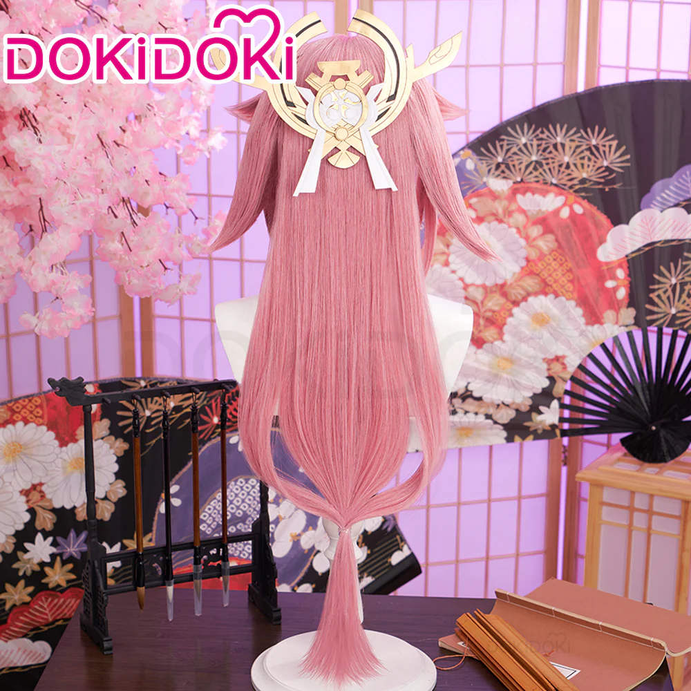 【Ready For Ship】DokiDoki Game Genshin Impact Yae Miko Cosplay Wig Long Dark Pink/ Earring - Image 3