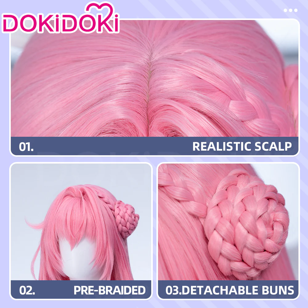 【Ready For Ship】DokiDoki Game Cosplay Wig Long Curly Pink Hair Detachable Bun - Image 4