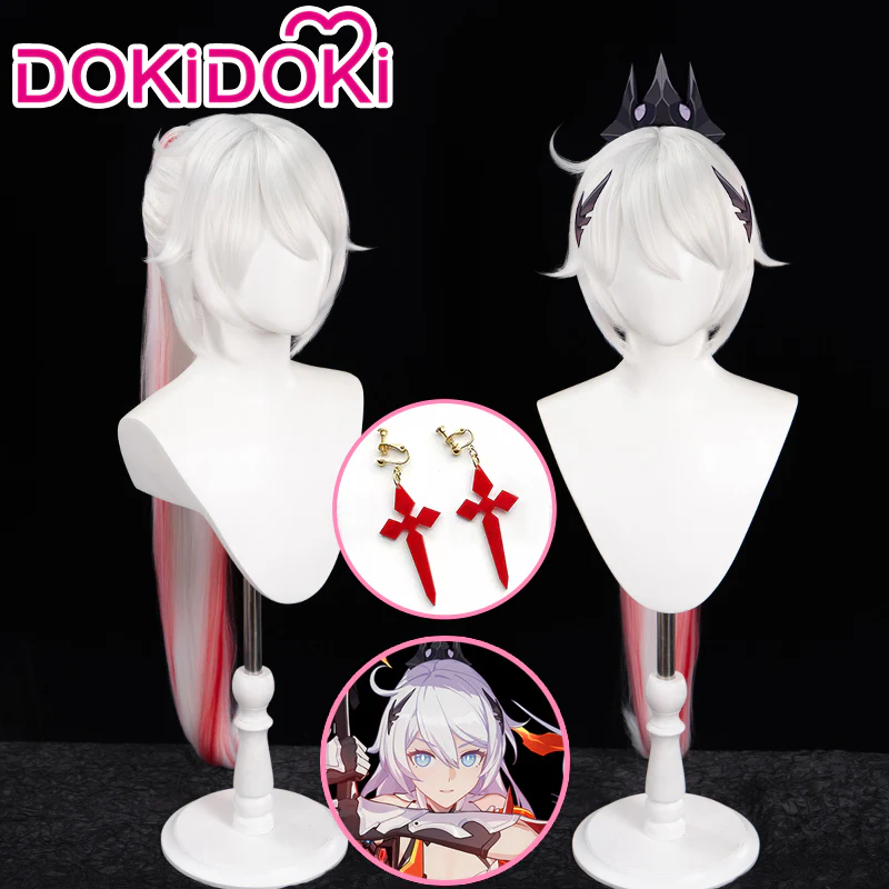 【Ready For Ship】DokiDoki Game Honkai Impact 3 Cosplay Herrscher of Flamescion Kiana Kaslana Cosplay Wig/ Earring Long White Red Ear Clip