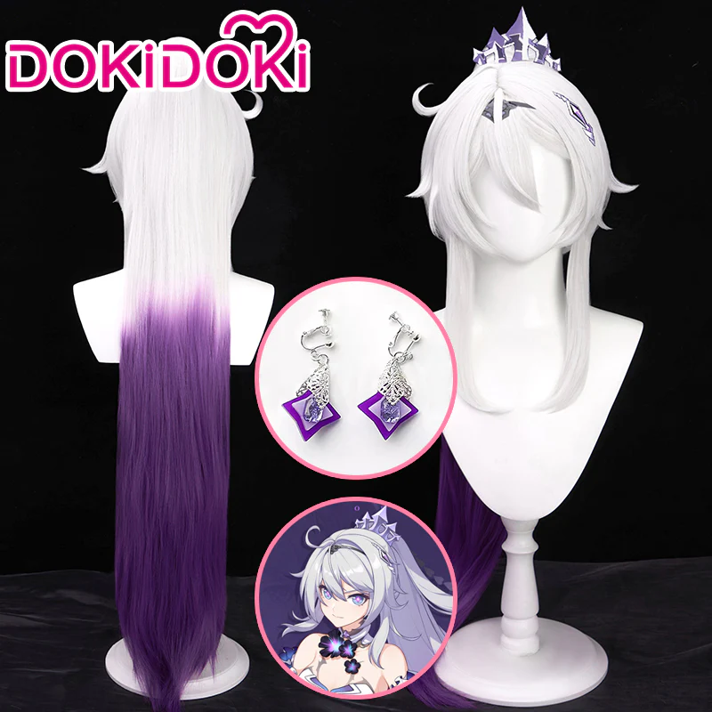 【Ready For Ship】DokiDoki Game Honkai Impact 3 Cosplay Herrscher Of Finality Kiana Kaslana Cosplay Wig/ Earring Long Straight Silver/Purple Gradient Hair Ear Clip