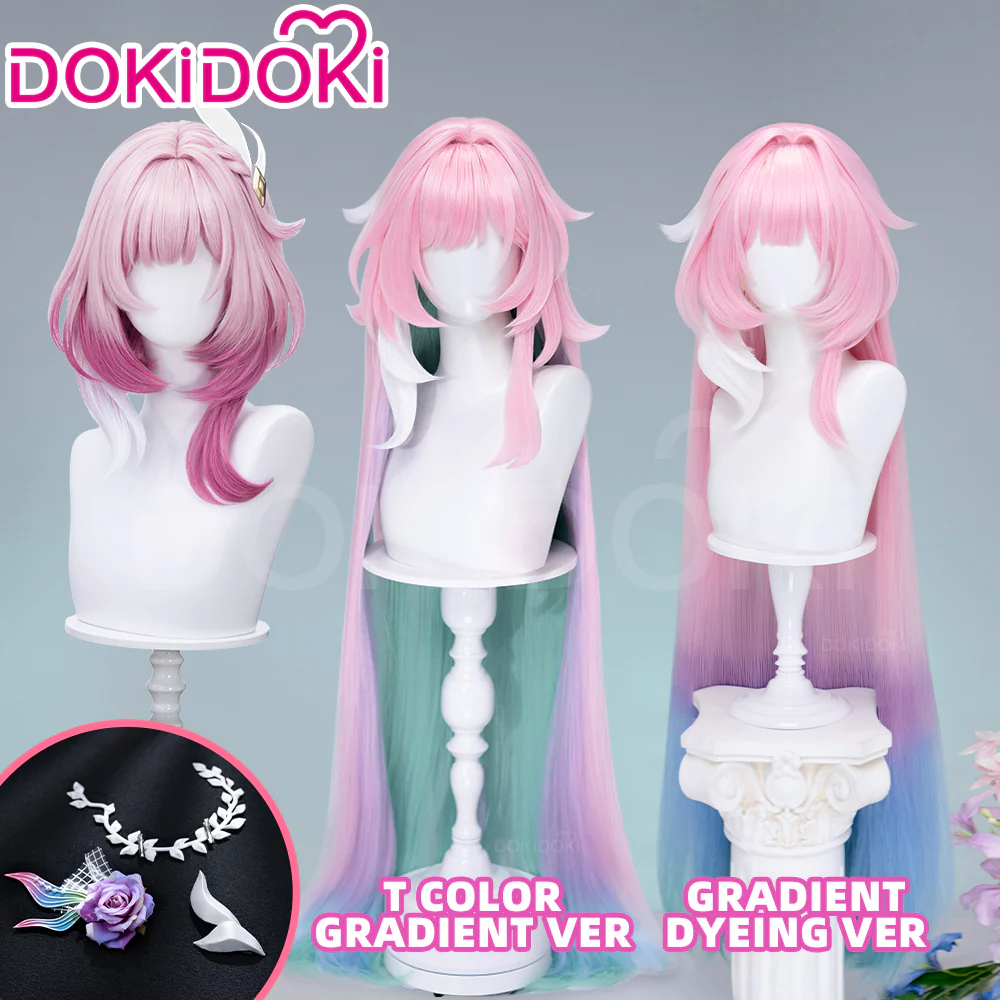 【Partially Ready For Ship】DokiDoki Game Honkai: Star Rail Cosplay Cyrene Wig Short Curly Light Dark Pink Gradient Hair / Head Accessory Set
