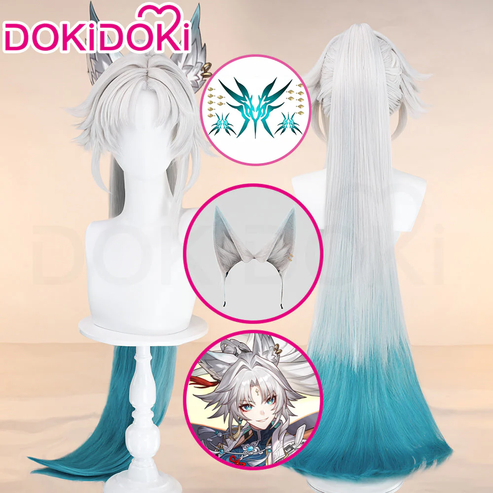 【Ready For Ship】DokiDoki Game Honkai: Star Rail Cosplay Feixiao Wig Long Straight Grey Blue Hair / Tattoo Sticker Fei Xiao