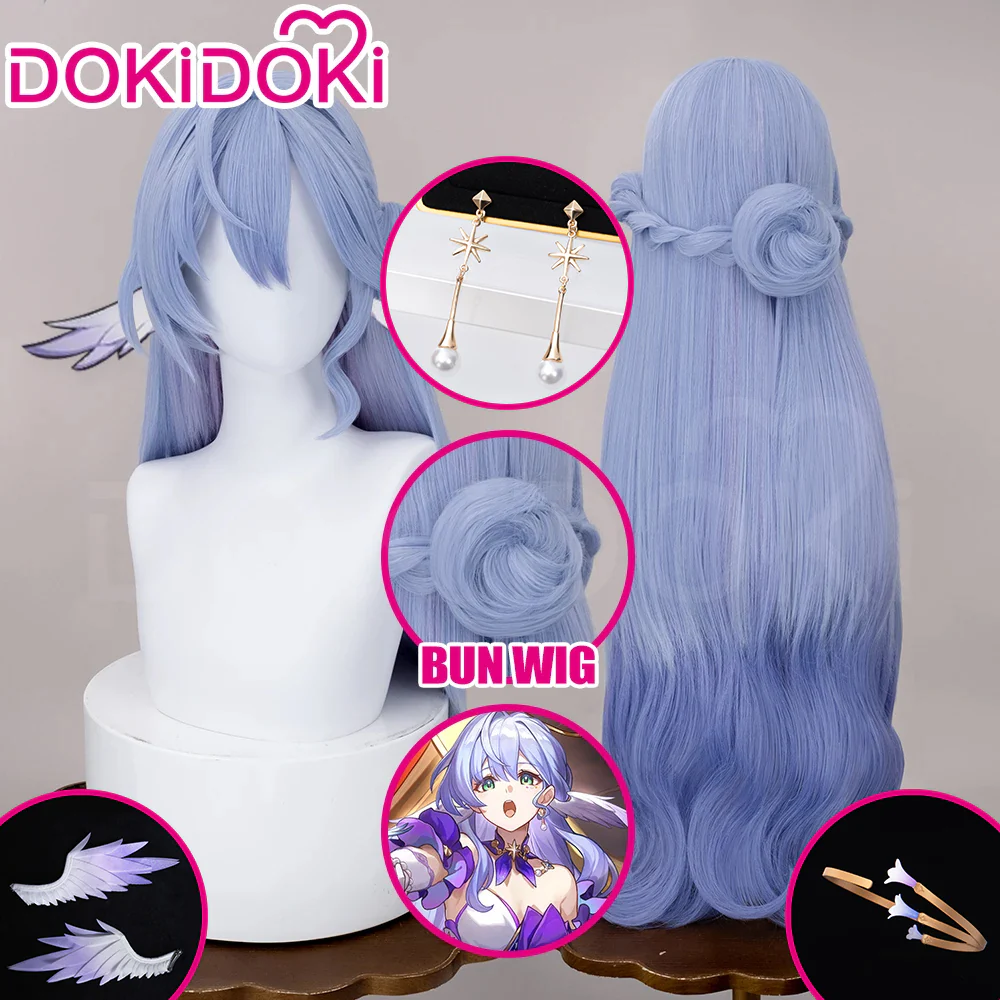 【Partially Ready For Ship】DokiDoki Game Honkai: Star Rail Cosplay Robin Wig Long Curly Blue Gradient Hair / Earring / Ear Feather Hair Clips/ Wreath Headpiece