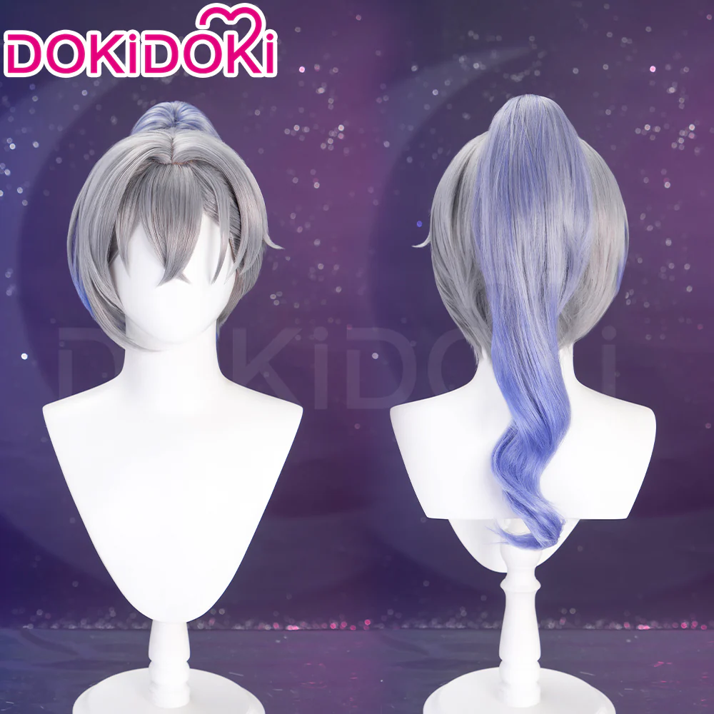 【Ready For Ship】DokiDoki Game Honkai: Star Rail Cosplay Silver Wolf Wig Sliver Blue Gradient Pony Tail / Glasses/ Ear Clip