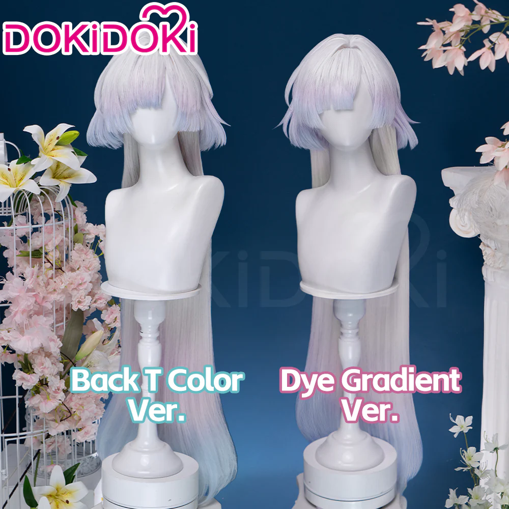【Ready For Ship】DokiDoki Game Wuthering Waves Cosplay Mornye Wig Long Straight Silver Light Pink Blue Dye Gradient / Back T Color Hair