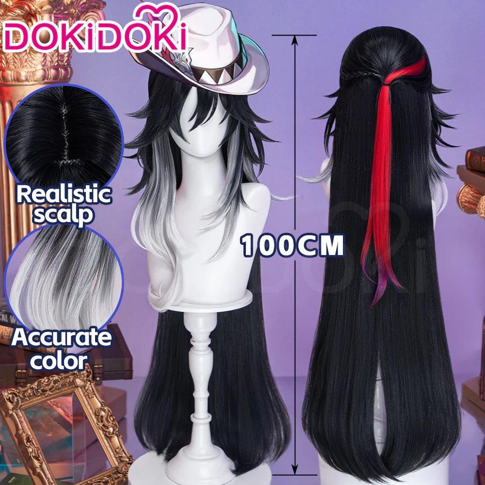DokiDoki Honkai: Star Rail Cosplay Ashveil Wig Long Straight Dark Grey Silver Gradient Red Highlight Hair Planarcadia
