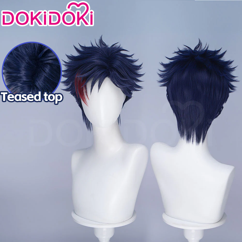 DokiDoki Manga Anime Record of Ragnarok Cosplay Qin Shi Huang Wig Short Dark Blue Red Highlight Hair Ying Zheng Qinshihuang