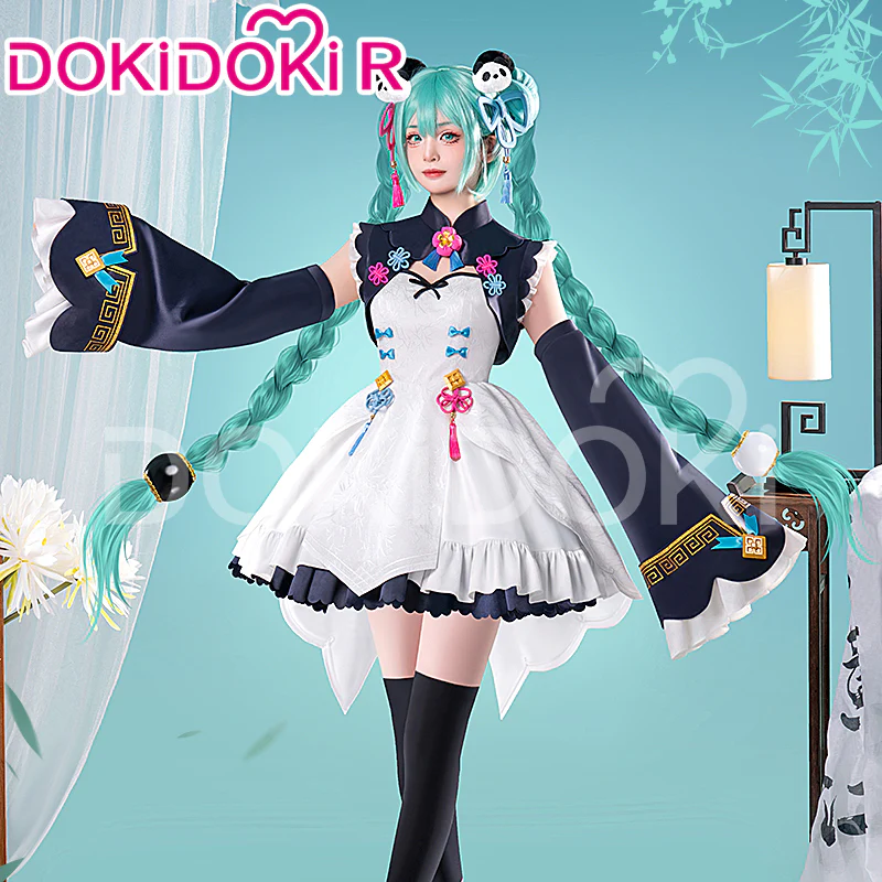 【IN STOCK】DokiDoki-R Cosplay Panda Girl Cute Dress Lolita Costume / Wig Long Blue Twist Braid Hair