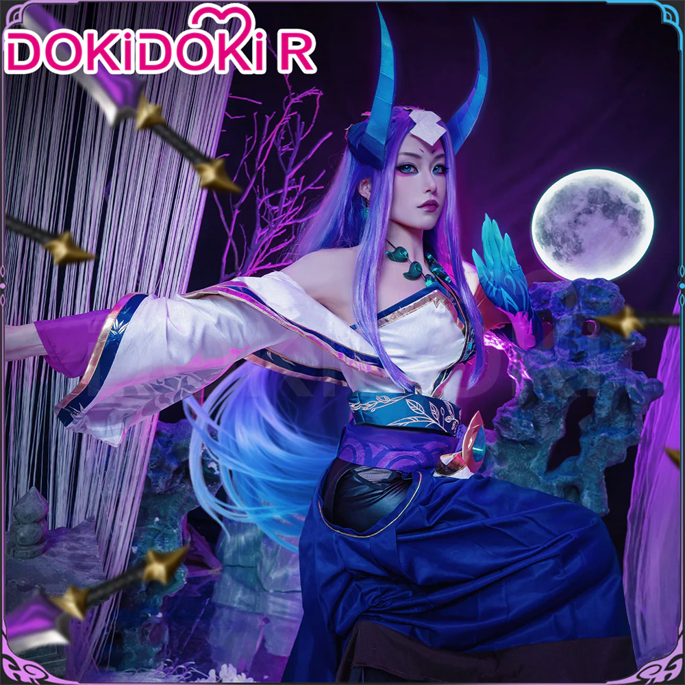 DokiDoki-R Game Cosplay Costume Spiirit Bloossom Purple Bule / Horns / Wig Long Purple Hair