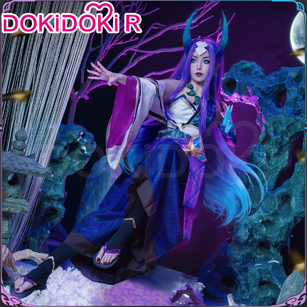 DokiDoki-R Game Cosplay Costume Spiirit Bloossom Purple Bule / Horns / Wig Long Purple Hair - Image 2