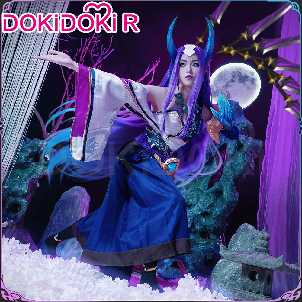 DokiDoki-R Game Cosplay Costume Spiirit Bloossom Purple Bule / Horns / Wig Long Purple Hair - Image 5