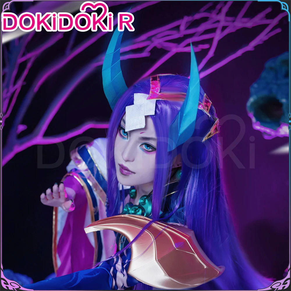 DokiDoki-R Game Cosplay Costume Spiirit Bloossom Purple Bule / Horns / Wig Long Purple Hair - Image 6