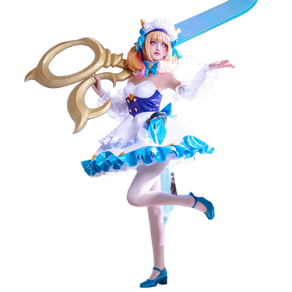 DokiDoki-R Game Cosplay Gween Costume White Blue Maid Dress Prestigee Cafee Cutties - Image 6