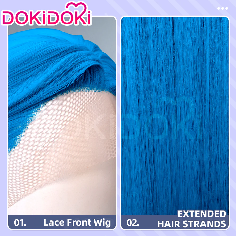 【Front Lace】【130 CM】DokiDoki Anime Game Cosplay Wig Long Straight Blue Hair - Image 4