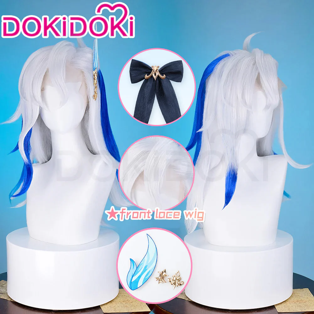 【Wig Ready For Ship】【Front Lace】DokiDoki Game Genshin Impact Cosplay Fontaine Neuvillette Wig Long Grey Blue / Lightstrip/Wefts