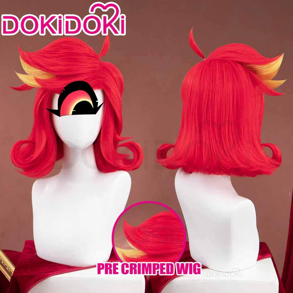 【Pre Crimped 】DokiDoki Anime Hell Hotel Cosplay Wig Short Curly Red Yellow Hair