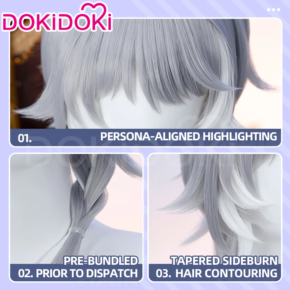 DokiDoki Game Honkai: Star Rail Cosplay Cipher Wig Long Straight Blue Gray White Highlights Hair - Image 4