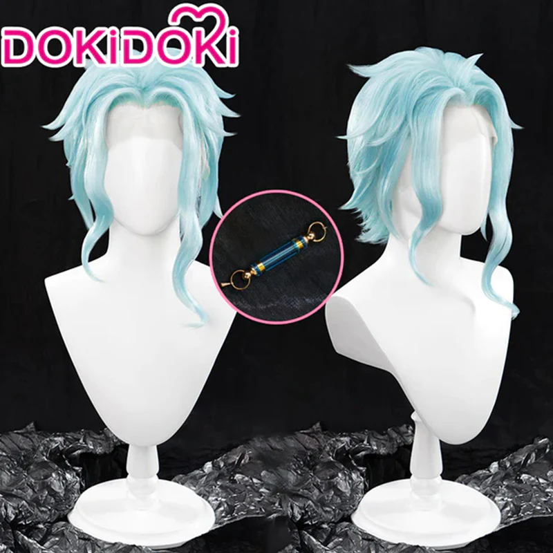 【Ready For Ship】【Front Lace】DokiDoki Game Genshin Impact Fatui Harbinger Cosplay Il Dottore Wig Short Curly Blue
